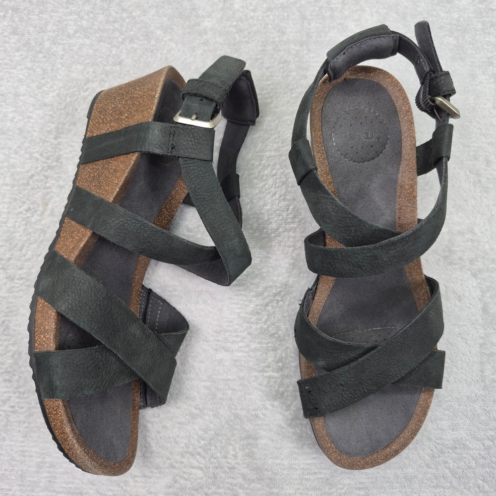 Teva Mahonia 3-Point Black Leather Cork Wedge Strappy Sandals 1106860 Womens 9.5